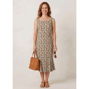 R&K Originals Floral Sheath Dress Size 14 Brown Blue Sleeveless Midi Zipper Back